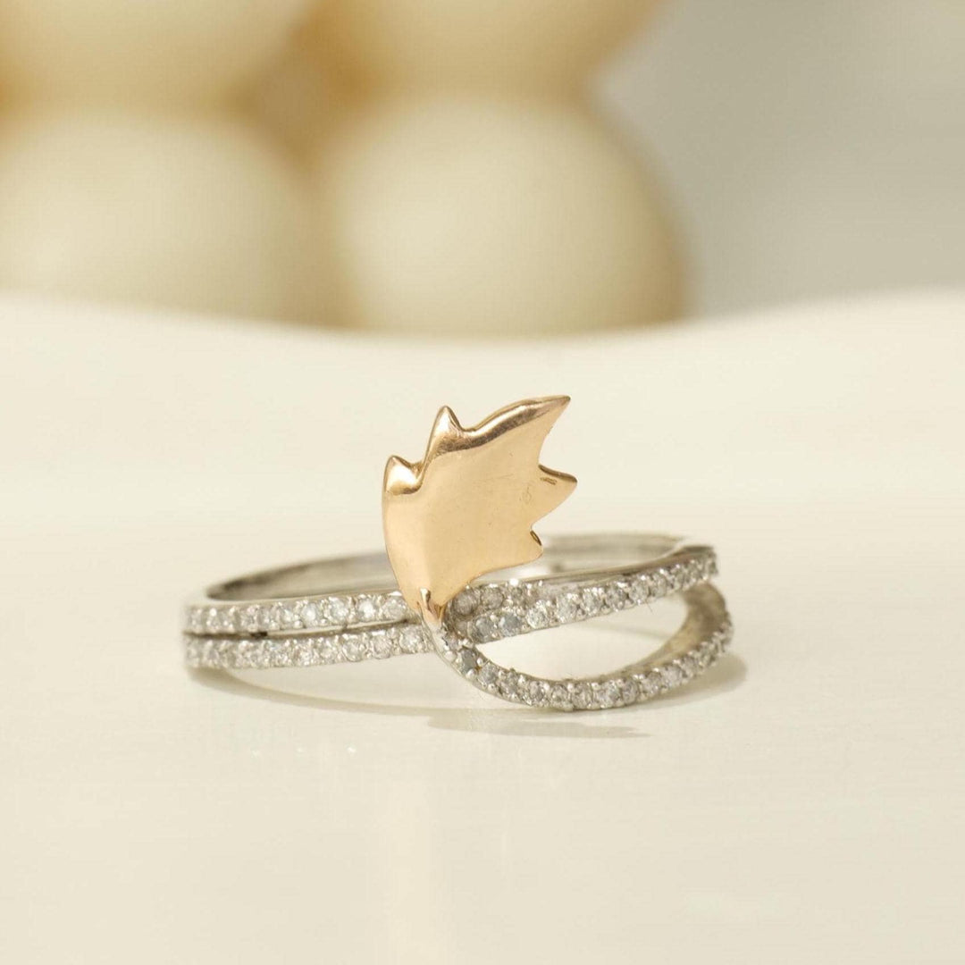 Feather Diamond Ring, Split Shank, 14k Solid Gold, Natural Diamonds, Stackable Ring, Two Tone Floral Jewelry, Ready To Ship