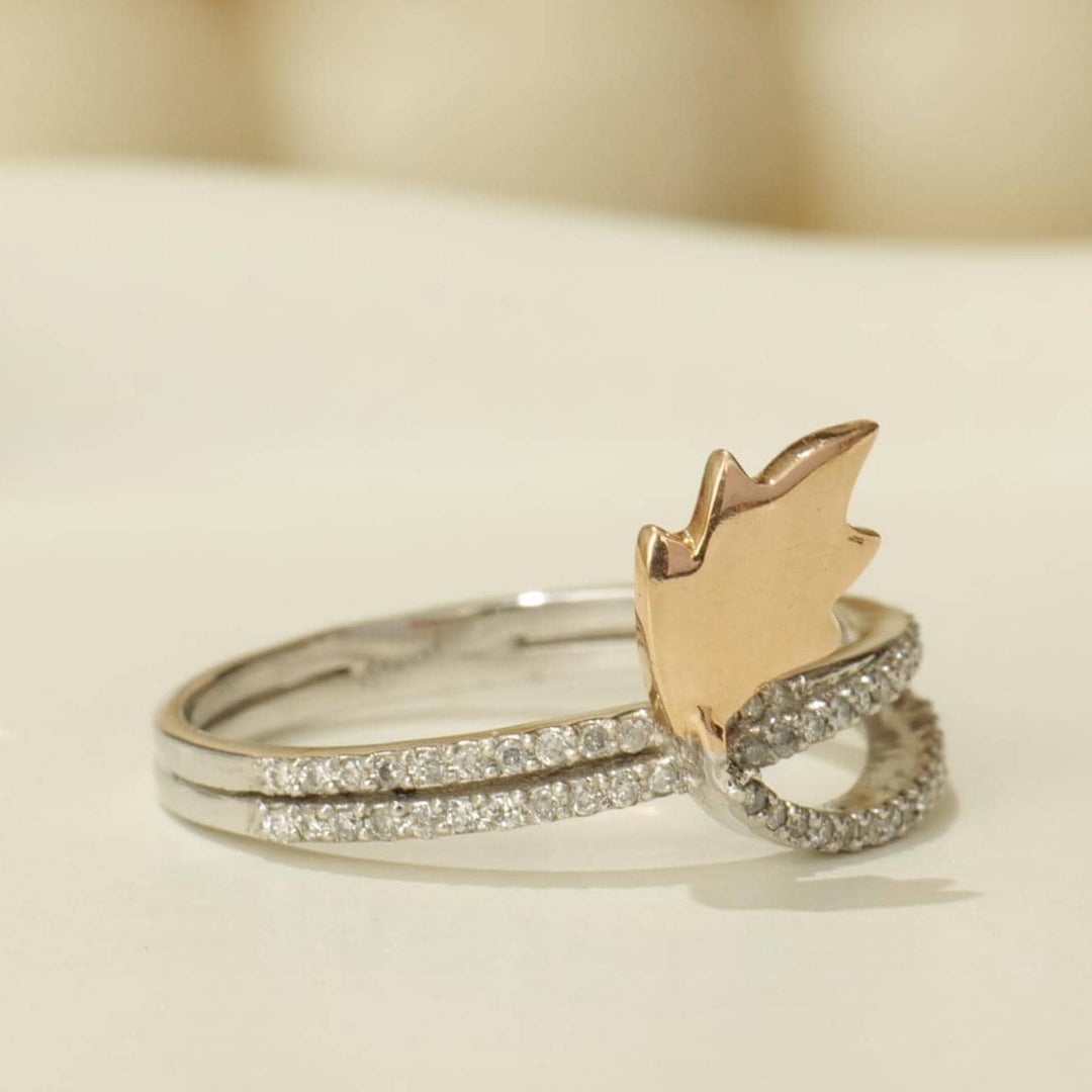 Feather Diamond Ring, Split Shank, 14k Solid Gold, Natural Diamonds, Stackable Ring, Two Tone Floral Jewelry, Ready To Ship