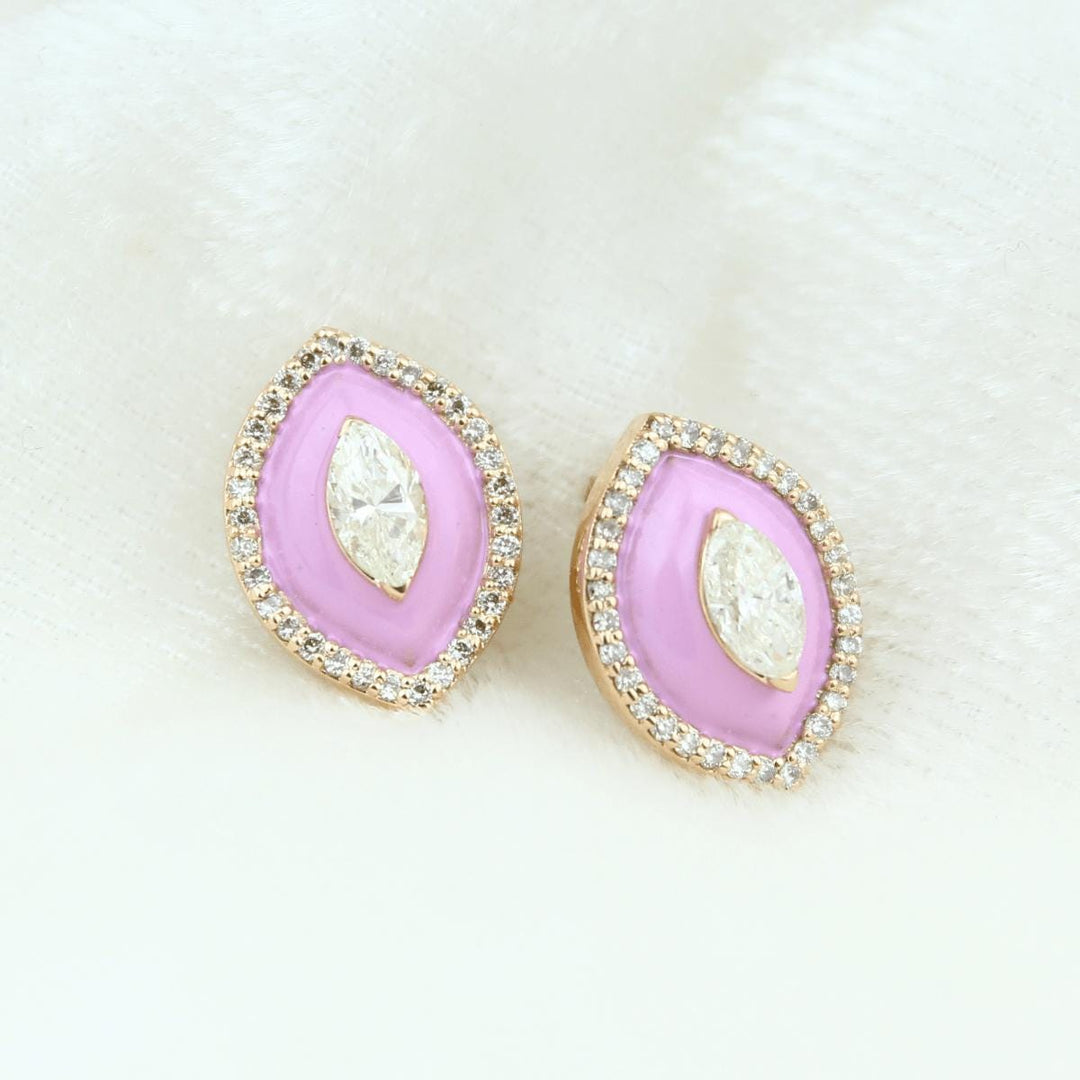 Eye shape Diamond Stud Earrings with Pink Enameling in 14k Solid Gold, Marquise & Round Natural Diamonds, Ready To Ship, Women&#39;s Day Gift