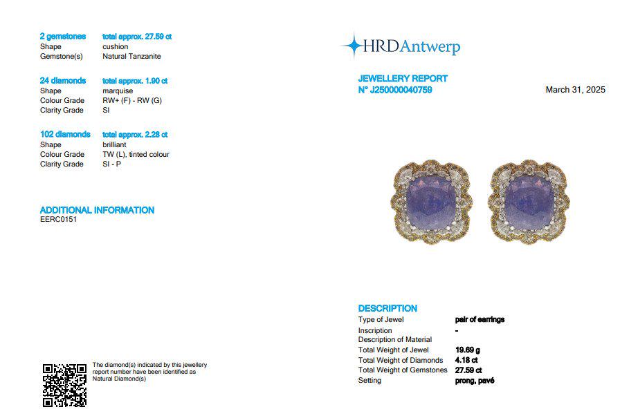 Tanzanite Cushion Halo Diamond Earrings, 14K Solid Gold, Natural Diamonds, Floral Gemstone Statement Studs, Ready To Ship, HRD Certified