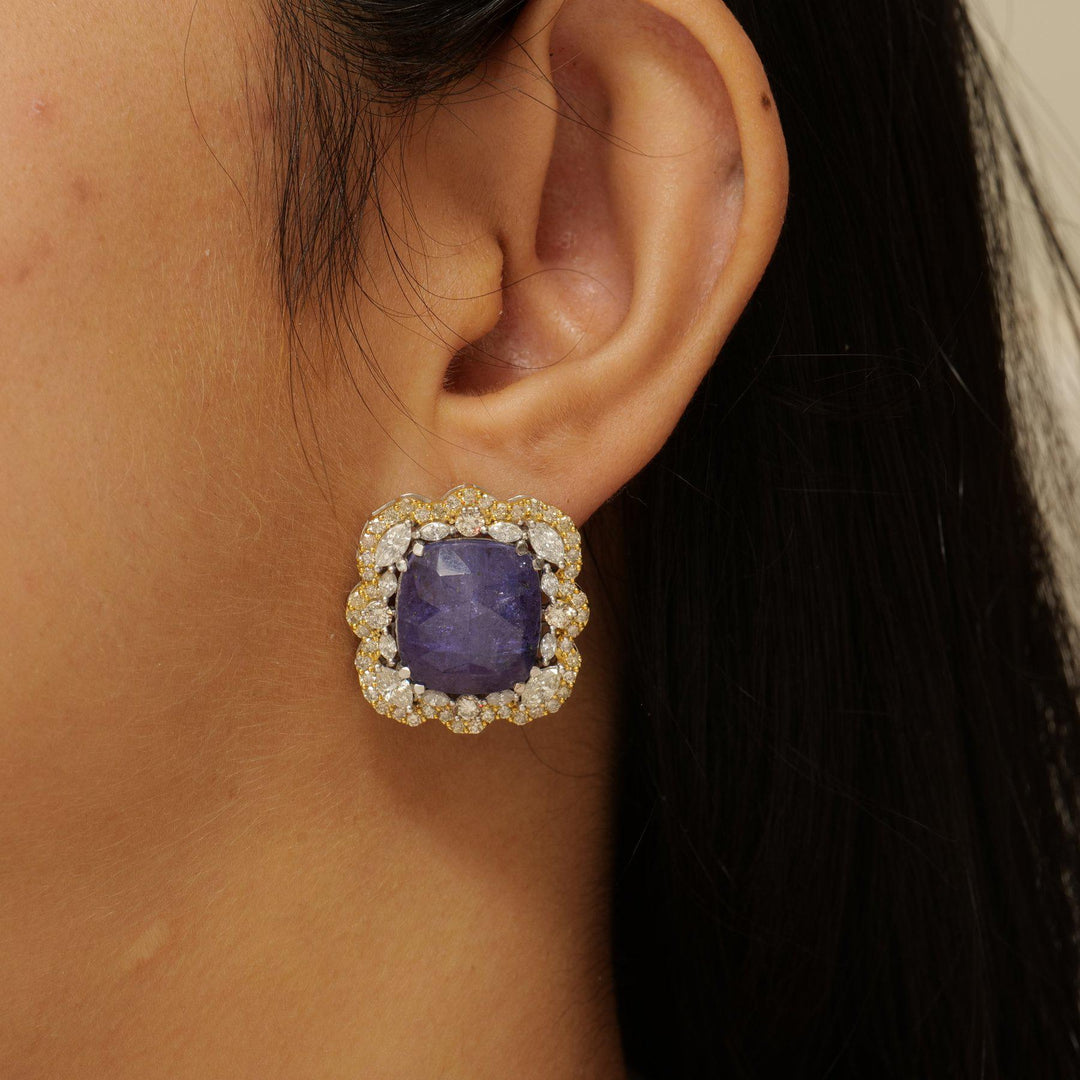 Tanzanite Cushion Halo Diamond Earrings, 14K Solid Gold, Natural Diamonds, Floral Gemstone Statement Studs, Ready To Ship, HRD Certified