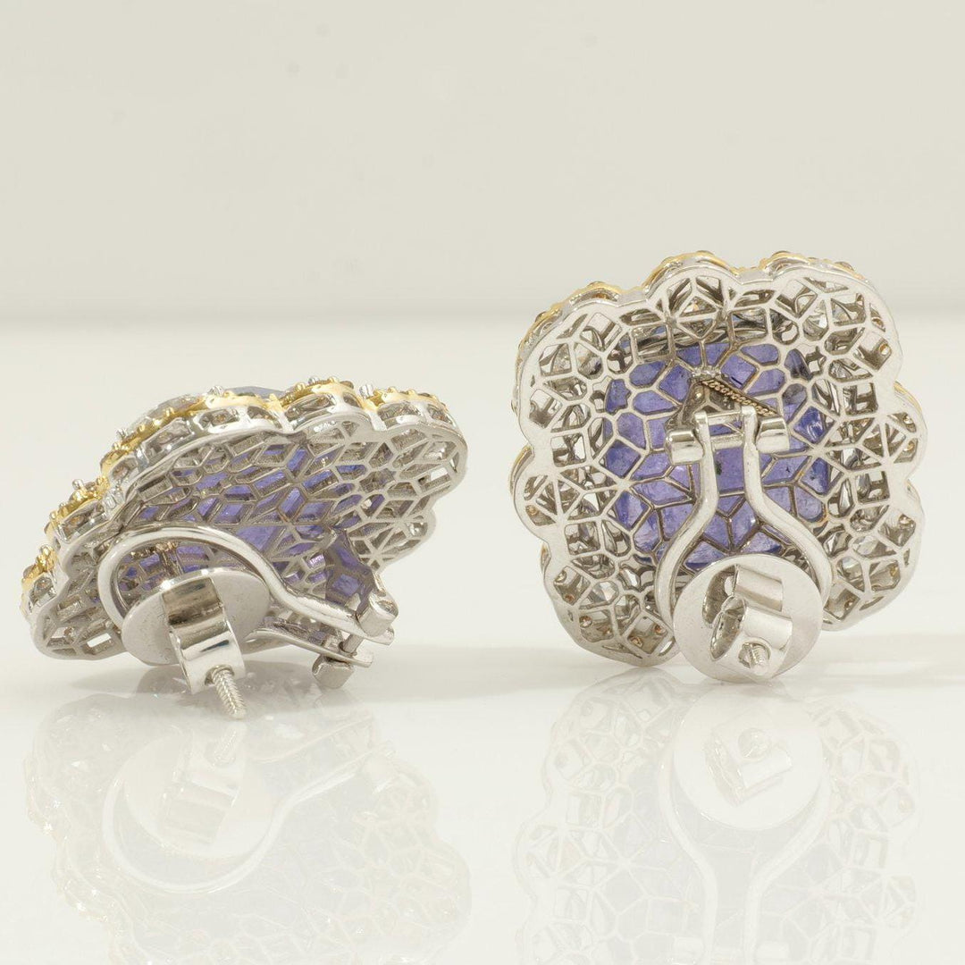 Tanzanite Cushion Halo Diamond Earrings, 14K Solid Gold, Natural Diamonds, Floral Gemstone Statement Studs, Ready To Ship, HRD Certified