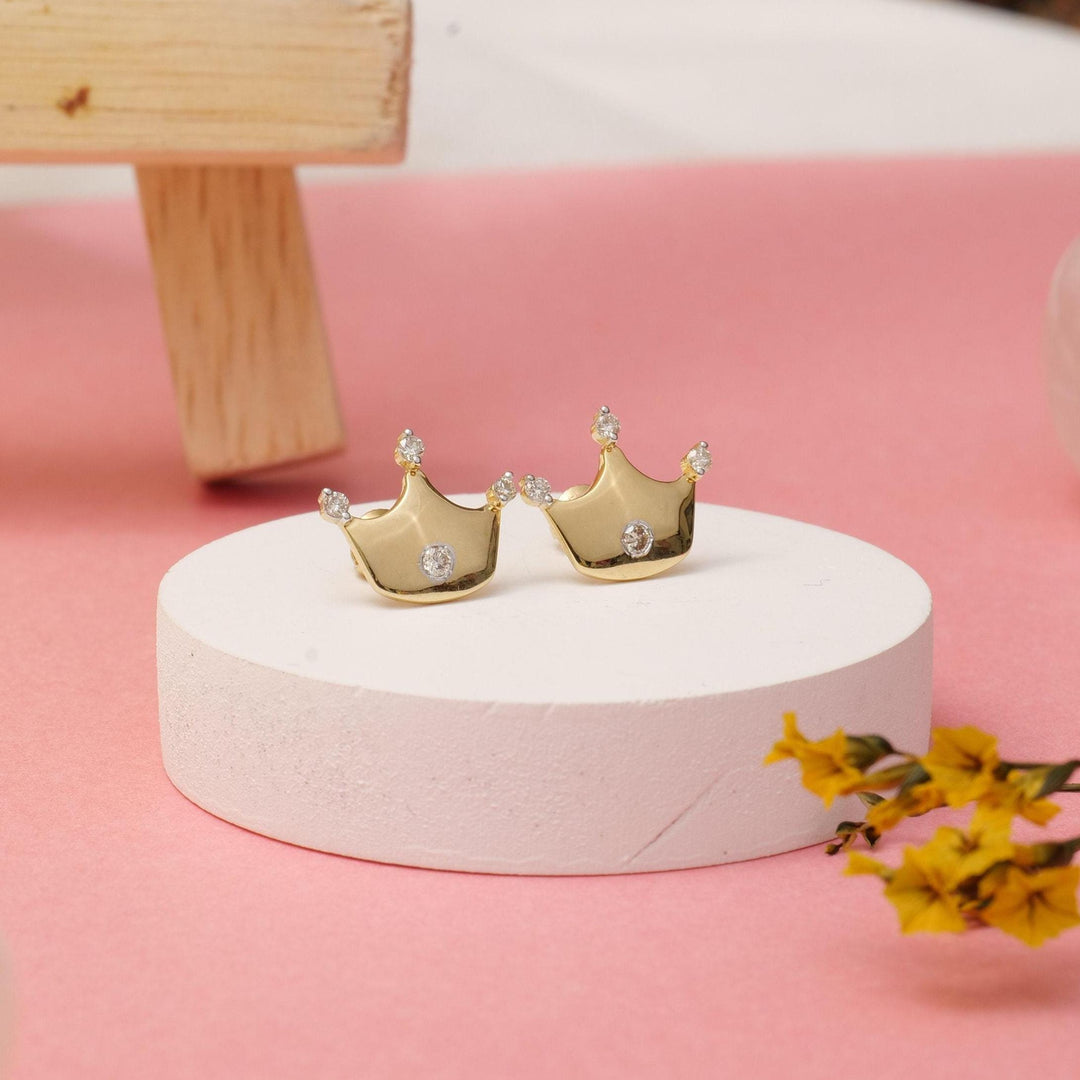 Kids Crown Diamond Stud Earrings, 14k Solid Gold, Natural Diamonds, Princess Jewelry, Gift for toddlers/girls/kids, Ready To Ship