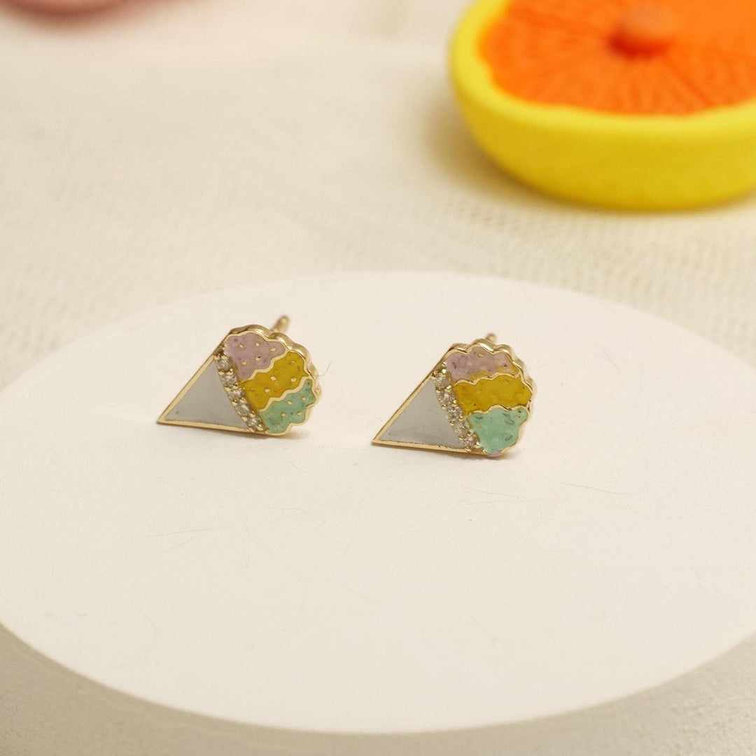 Kids Cone Ice Cream Diamond Stud Earrings, 14k Solid Gold, Natural Diamonds, Enamel Summer Jewelry, Ready To Ship, HRD Certified