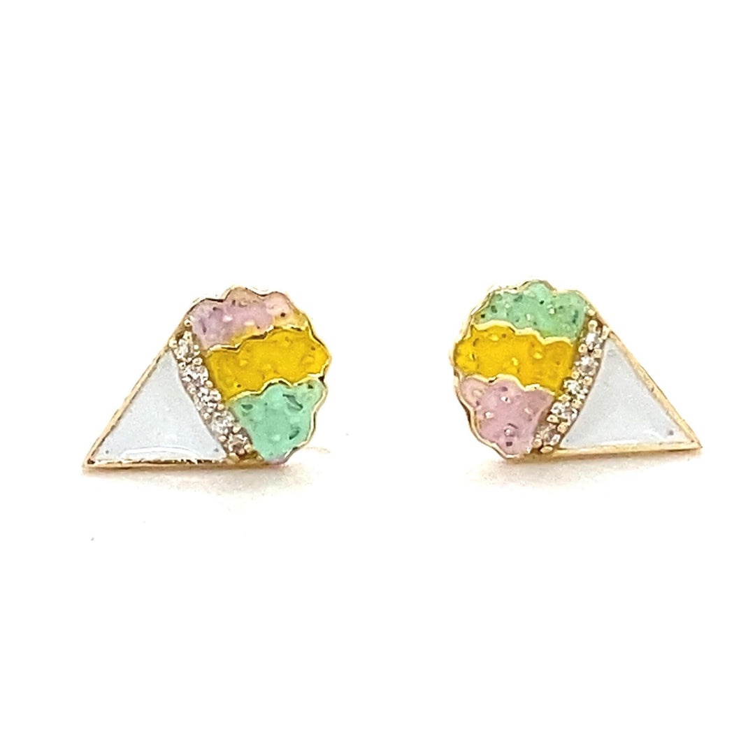 Kids Cone Ice Cream Diamond Stud Earrings, 14k Solid Gold, Natural Diamonds, Enamel Summer Jewelry, Ready To Ship, HRD Certified
