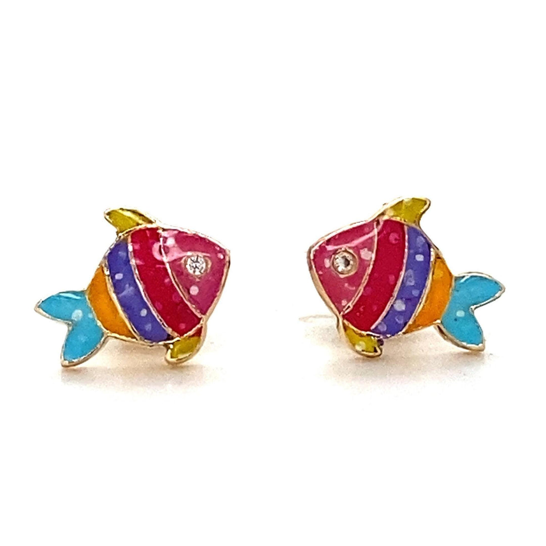 Kids Fish Diamond Stud Earrings, 14k Solid Gold With Enameling, Natural Diamonds, Ocean Animal Jewelry, Gift for girls, Ready To Ship