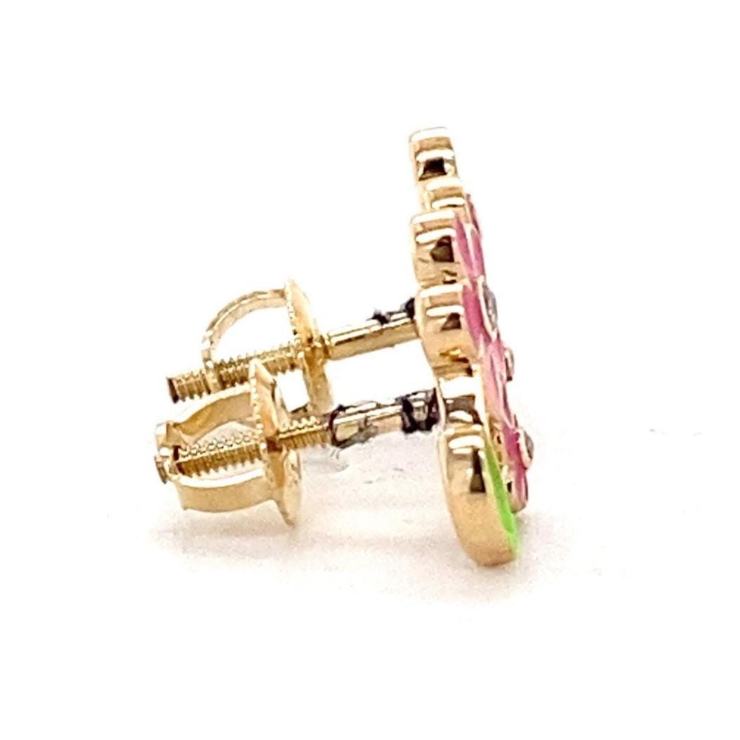 Kids Floral Petal Diamond Stud Earrings, 14k Solid Gold With Enameling, Natural Diamonds, Gift for toddlers/girls/kids, Ready To Ship