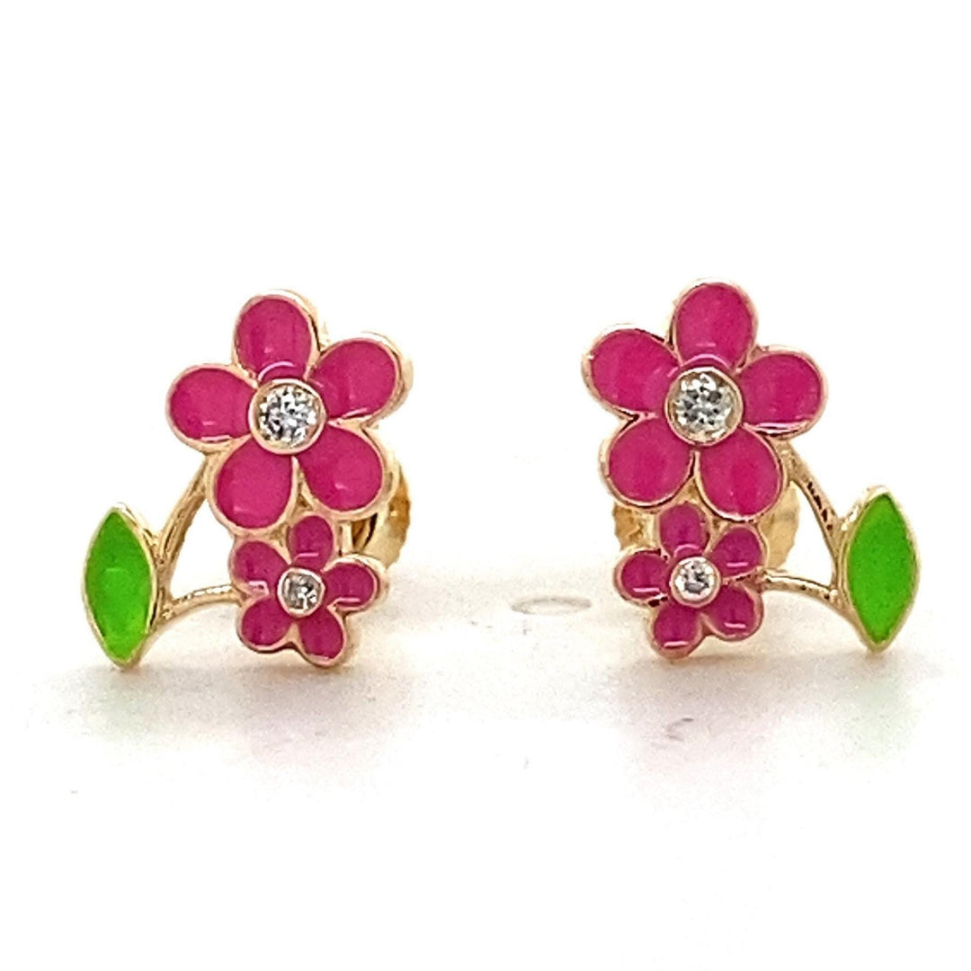 Kids Floral Petal Diamond Stud Earrings, 14k Solid Gold With Enameling, Natural Diamonds, Gift for toddlers/girls/kids, Ready To Ship