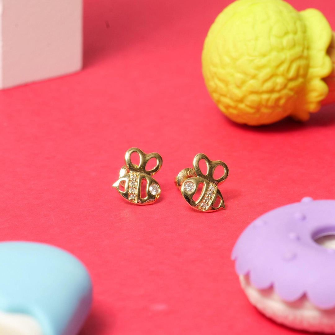 Kids Bee Diamond Stud Earrings, 14k Solid Gold, Natural Diamonds, Kids Jewelry, Gift for toddlers/girls/kids, Ready To Ship