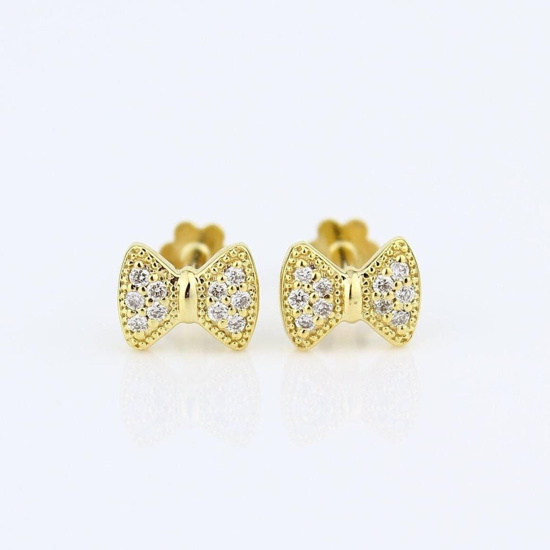Kids Bow Diamond Stud Earrings, 14k Solid Gold, Natural Diamonds, Kids Ribbon jewelry, Gift for toddlers/girls/kids, Ready To Ship