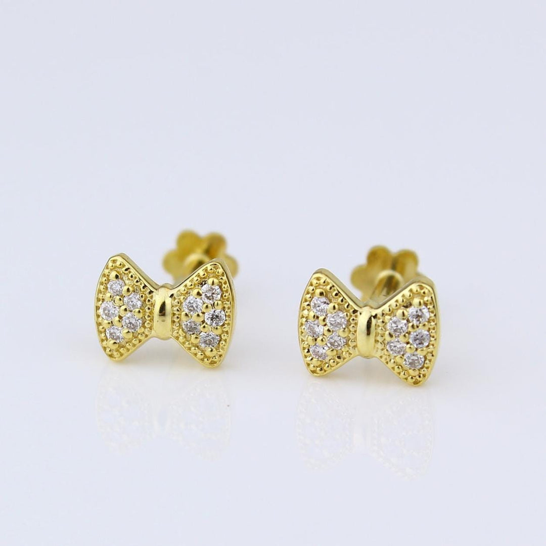 Kids Bow Diamond Stud Earrings, 14k Solid Gold, Natural Diamonds, Kids Ribbon jewelry, Gift for toddlers/girls/kids, Ready To Ship