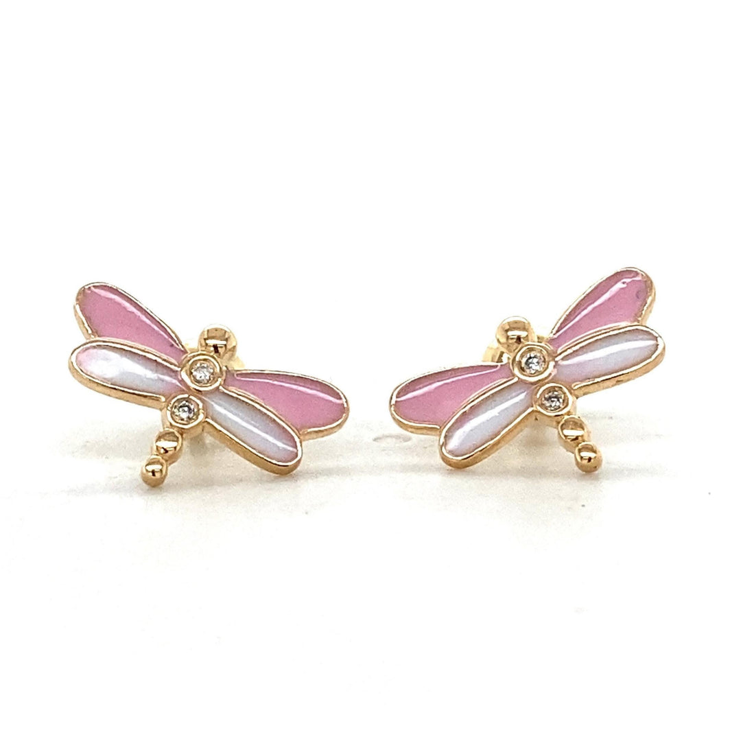 Kids Dragonfly Diamond Stud Earrings, 14k Solid Gold, Natural Diamonds, Enamel Wings Studs, Gift for  girls, Ready To Ship, HRD Certified