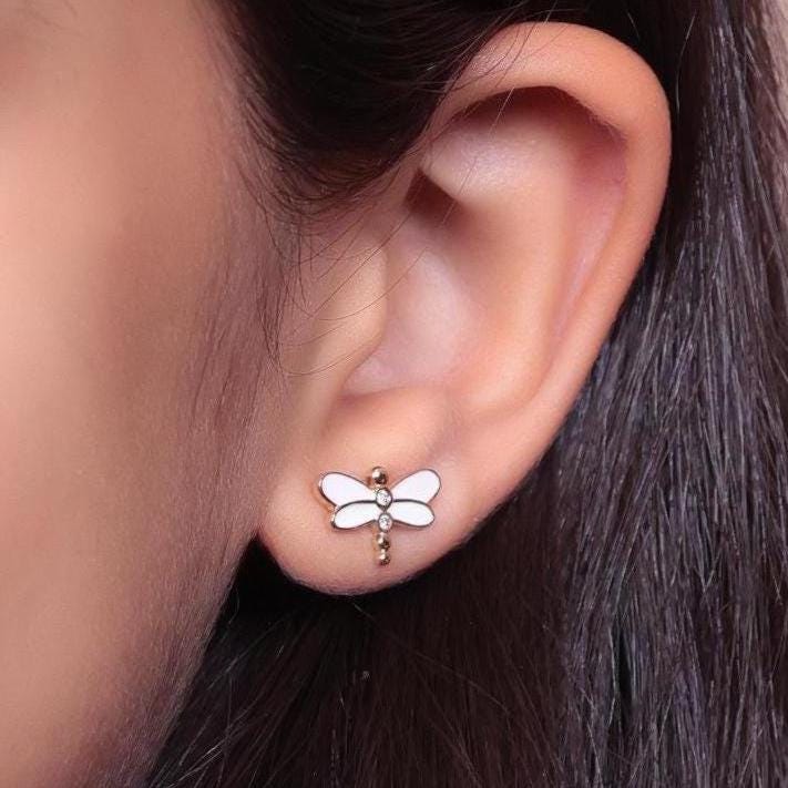 Kids Dragonfly Diamond Stud Earrings, 14k Solid Gold, Natural Diamonds, Enamel Wings Studs, Gift for  girls, Ready To Ship, HRD Certified