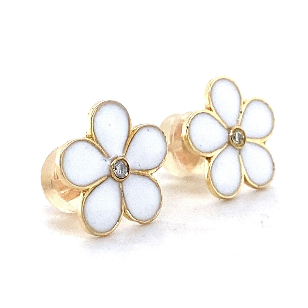 Kids Enameled Flower Diamond Earrings, 14k Solid Gold, Natural Diamonds, Bezel Set Floral Studs, Ready To Ship, HRD Certified