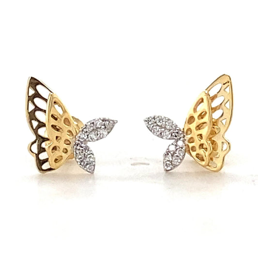 Kids Winged Butterfly Natural Diamond Stud Earrings: 14k Solid Gold Animal Jewellery, Certified Jewelry