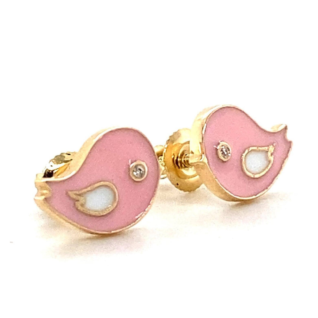 Kids Pink Bird Diamond Stud Earrings, 14k Solid Gold With Enameling, Natural Diamonds, Gift for toddlers/girls/kids, Ready To Ship