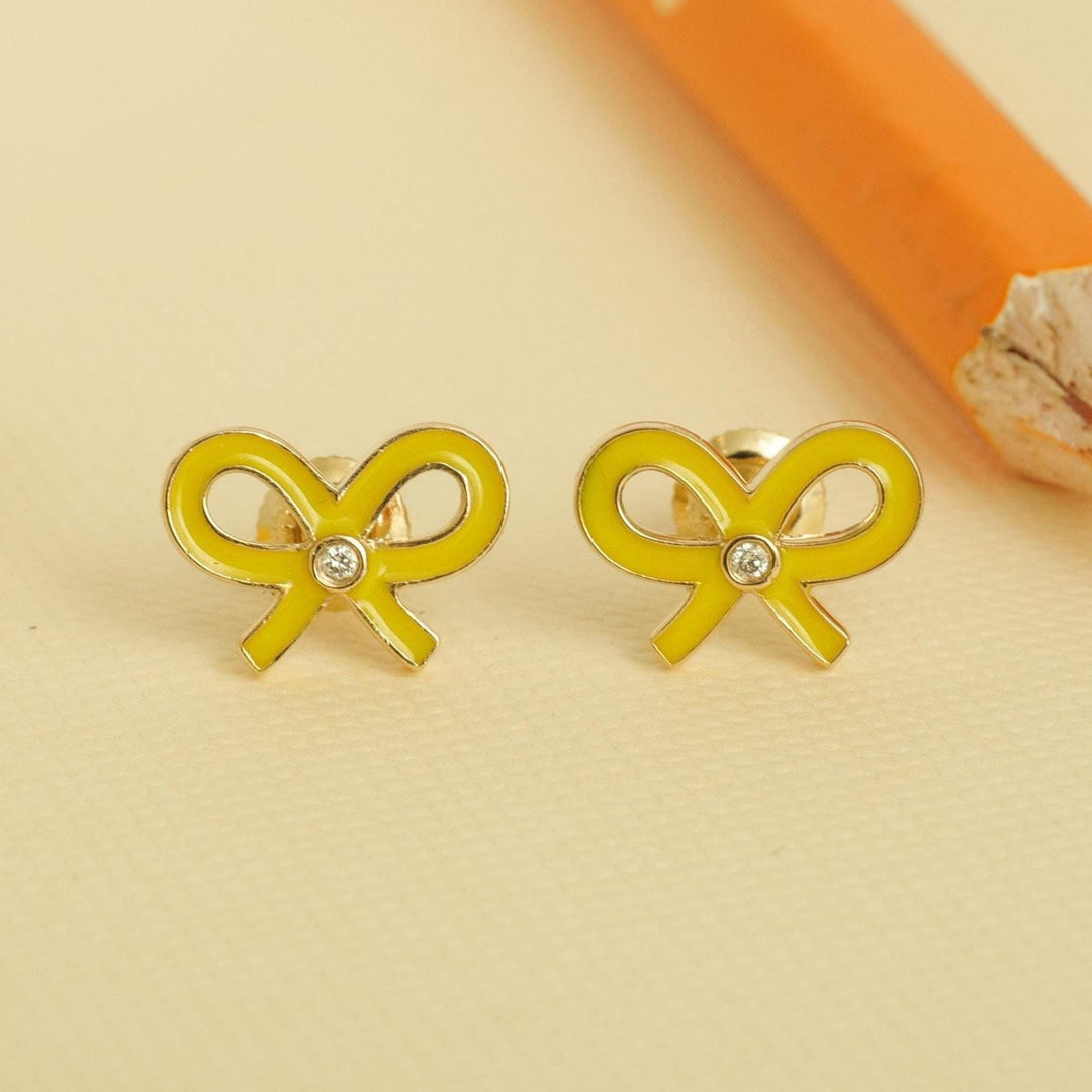 Kids Bowknot Diamond Stud Earrings, 14k Solid Gold With Enameling, Natural Diamonds, Kids jewelry, Gift for toddlers/girls, Ready To Ship