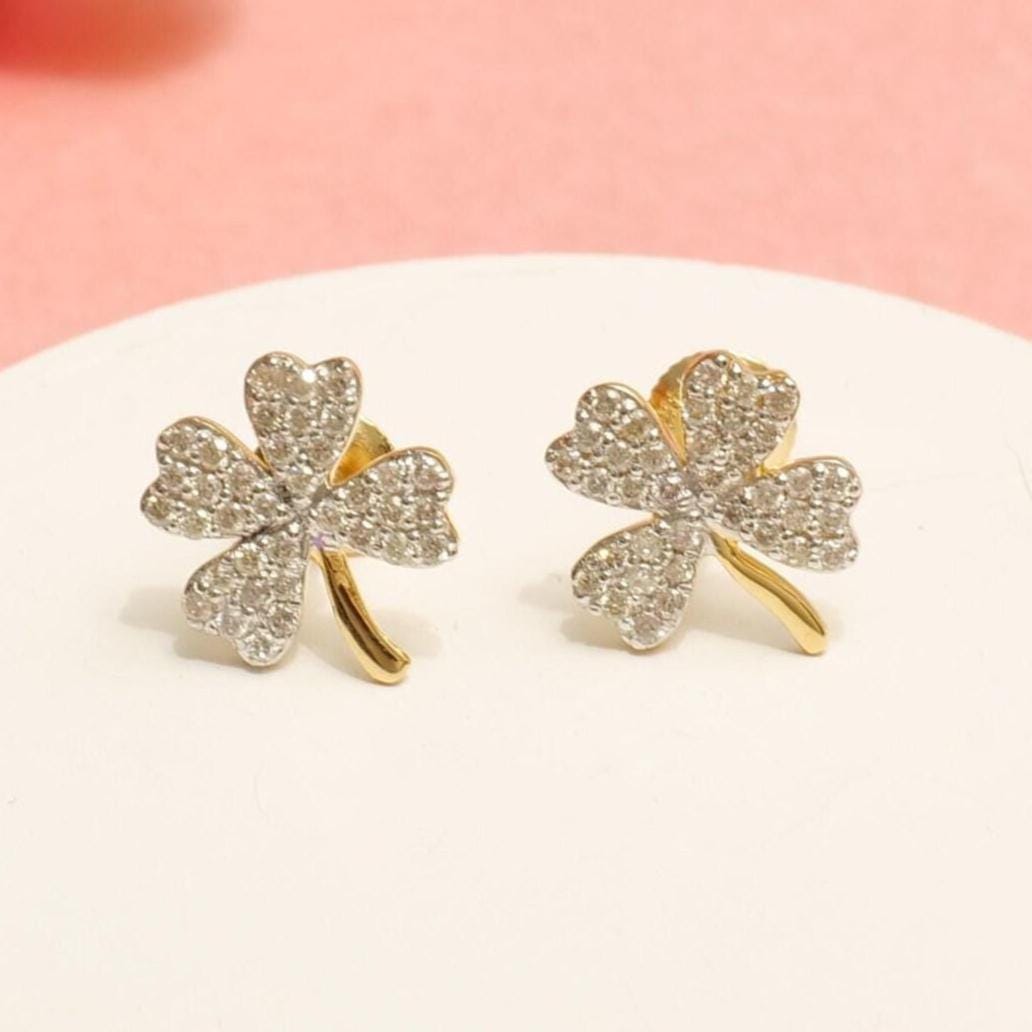 Kids Leaf Clover Diamond Stud Earrings, 14k Solid Gold, Natural Diamonds, Two Toned Studs, Gift for girls, Ready To Ship, HRD Certified