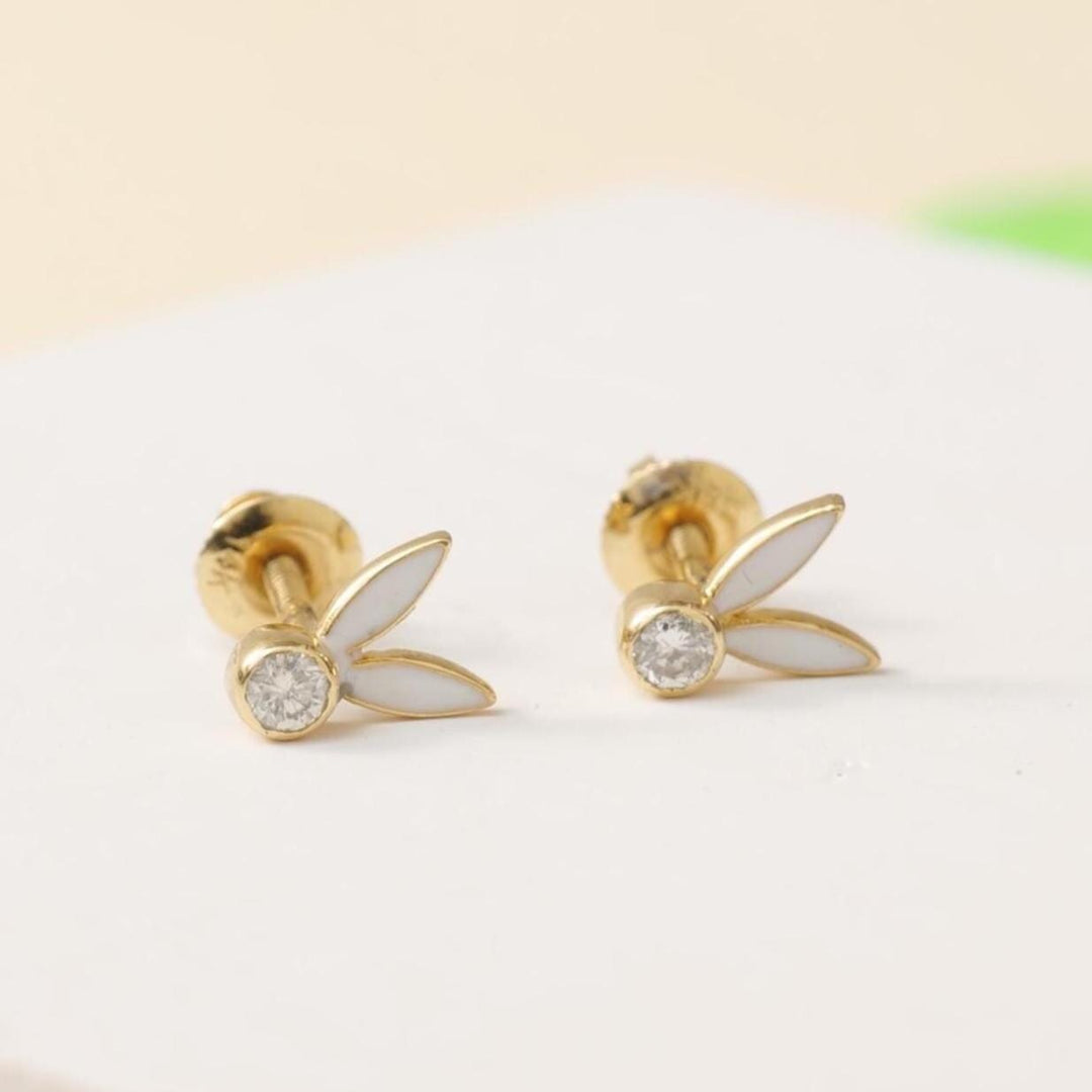 Kids Enameled Bunny Ears Diamond Stud Earrings, 14k Solid Gold, Natural Diamonds, Animal jewelry, Gift for toddlers/girls, Ready To Ship
