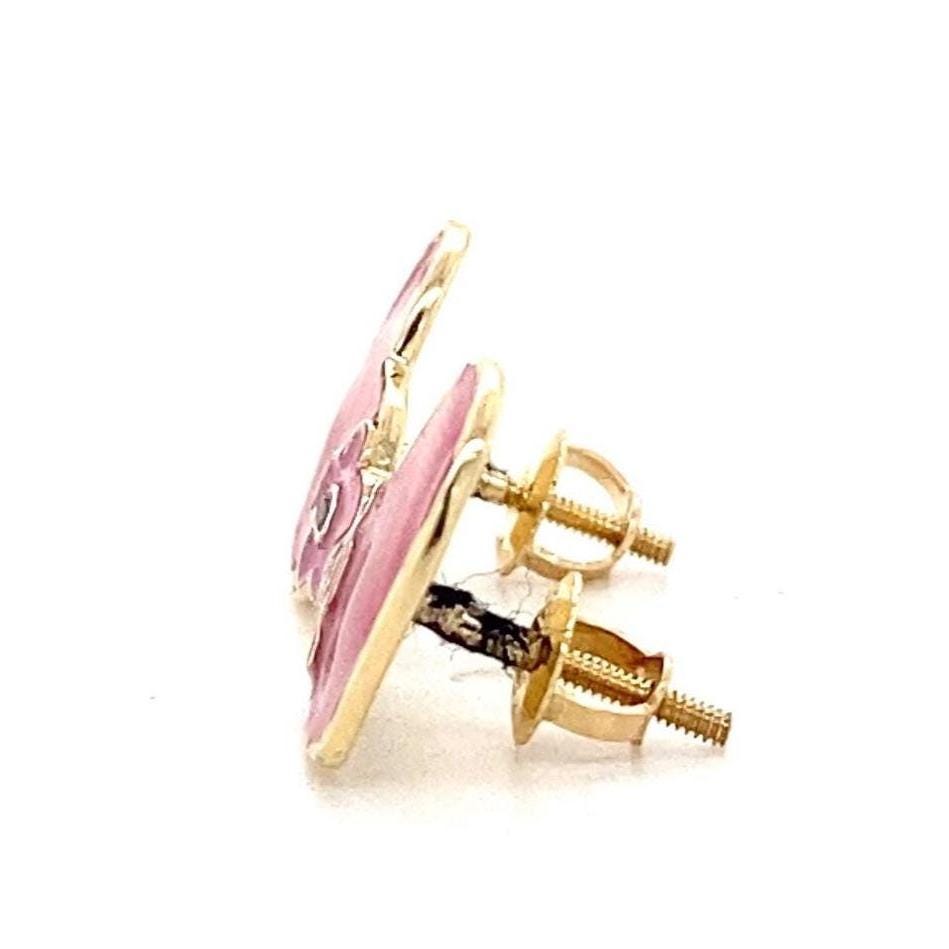 Teenager Floral Heart Diamond Stud Earrings, 14k Solid Gold With Enameling, Natural Diamonds, Gift for girls, Ready To Ship, HRD Certified