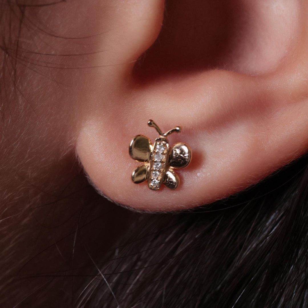 Kids Butterfly Diamond Stud Earrings, 14k Solid Gold, Natural Diamonds, Kids Insect Jewelry, Gift for toddlers/girls/kids, Ready To Ship
