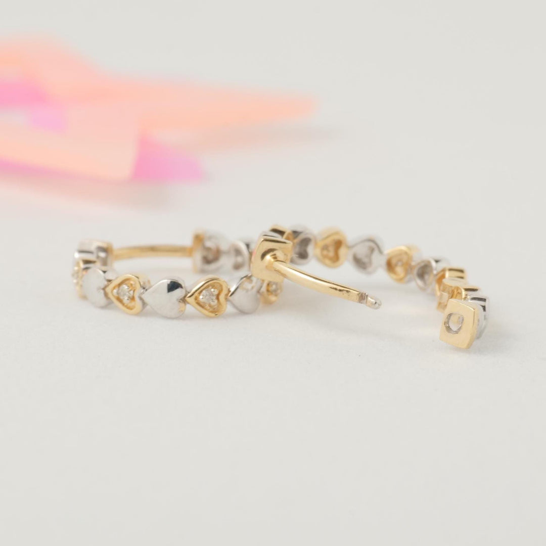 Kids Heart Diamond Hoops, 14k Solid Gold, Natural Diamonds, Two Toned Earrings, Minimalist Everyday Jewelry, Gift for Girls, Ready To Ship