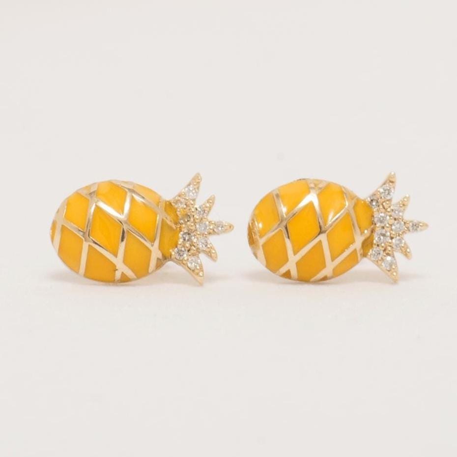 Kids Pineapple Diamond Earrings, 14k Solid Gold, Natural Diamonds, Enamel Fruit Stud, Gift for toddler/girls, Ready To Ship, HRD Certified