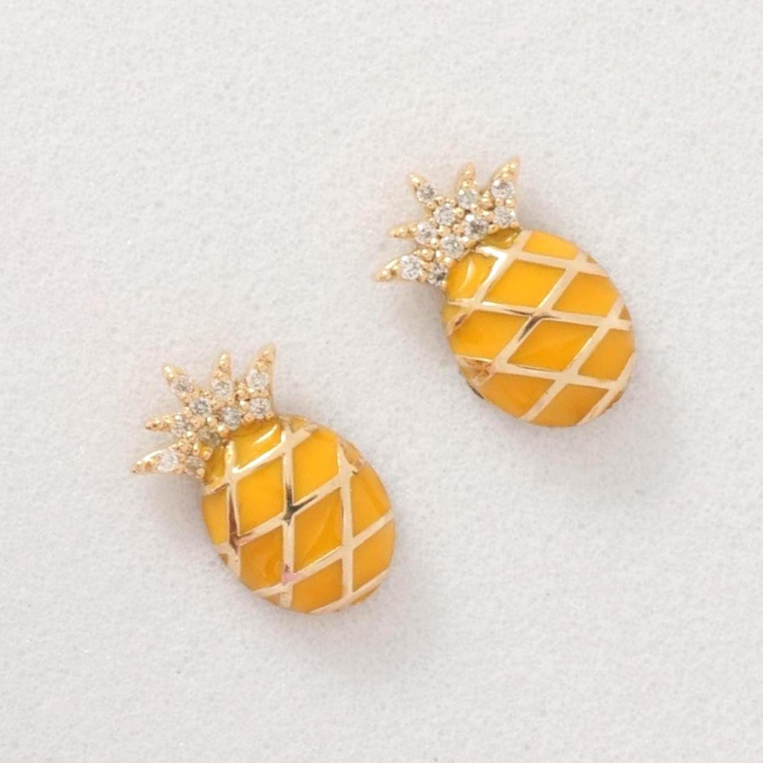 Kids Pineapple Diamond Earrings, 14k Solid Gold, Natural Diamonds, Enamel Fruit Stud, Gift for toddler/girls, Ready To Ship, HRD Certified