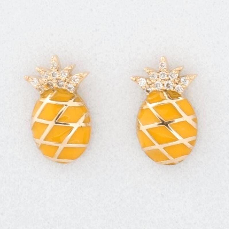 Kids Pineapple Diamond Earrings, 14k Solid Gold, Natural Diamonds, Enamel Fruit Stud, Gift for toddler/girls, Ready To Ship, HRD Certified