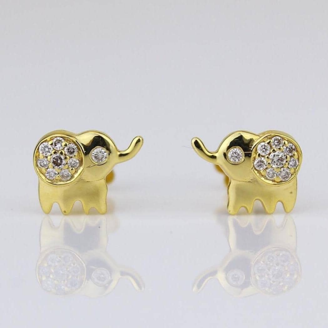 Kids Elephant Natural Diamond Stud Earrings: 14k Solid Gold Gift for toddlers/girls Jewellery, Certified Jewelry