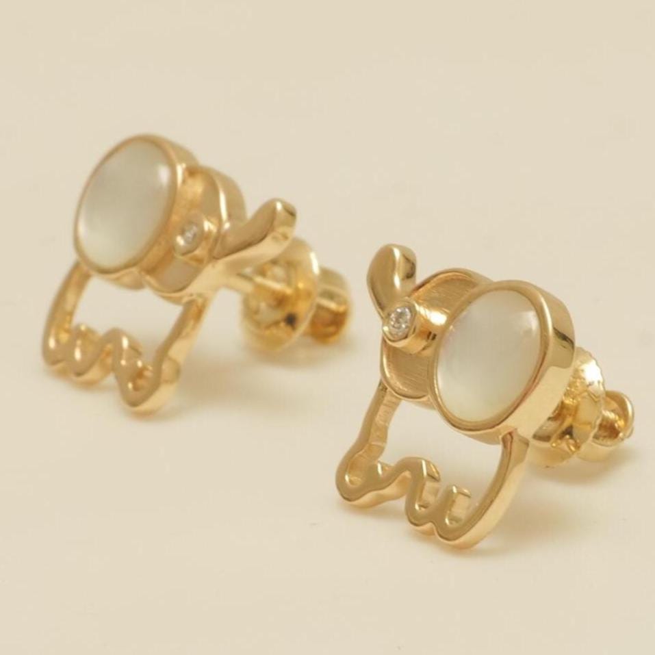Kids Elephant Diamond Earrings, 14k Solid Gold, Natural Diamonds, Mother of Pearl Jewelry, Everyday Gift for toddlers/girls, Ready To Ship