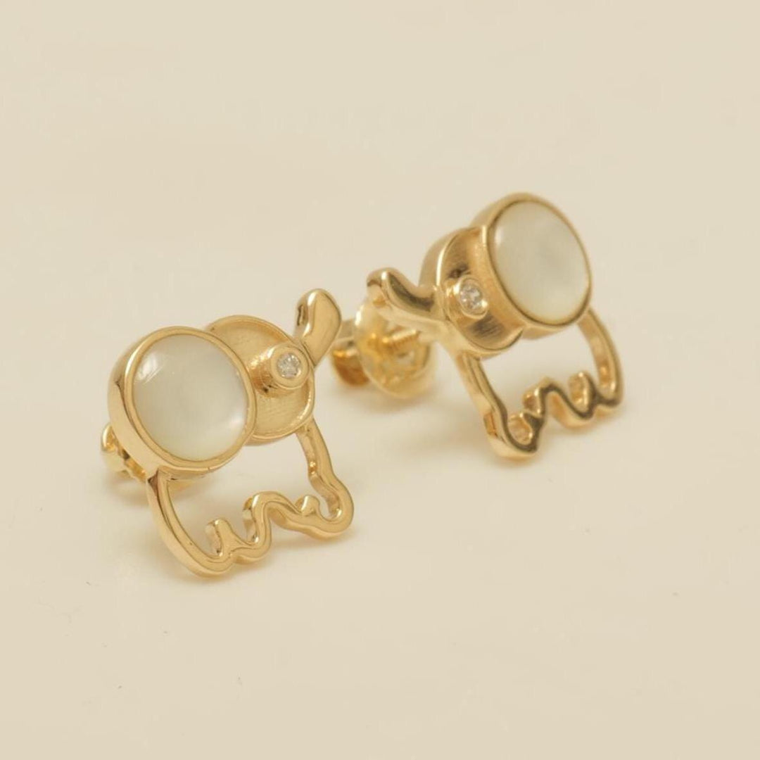 Kids Elephant Diamond Earrings, 14k Solid Gold, Natural Diamonds, Mother of Pearl Jewelry, Everyday Gift for toddlers/girls, Ready To Ship