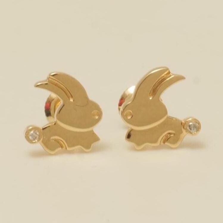 Kids Bunny Diamond Earrings, 14k Solid Gold, Natural Diamonds, Animal Jewelry, Minimalistic Gift for toddlers/girls/kids, Ready To Ship