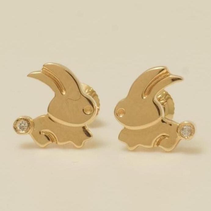 Kids Bunny Diamond Earrings, 14k Solid Gold, Natural Diamonds, Animal Jewelry, Minimalistic Gift for toddlers/girls/kids, Ready To Ship