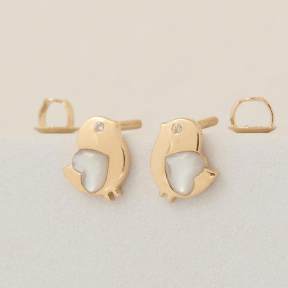 Kids Bird Diamond Earrings, Mother of Pearl Studs, 14k Solid Gold, Natural Diamonds, Gift For Toddlers/Girls, Ready To Ship, HRD Certified
