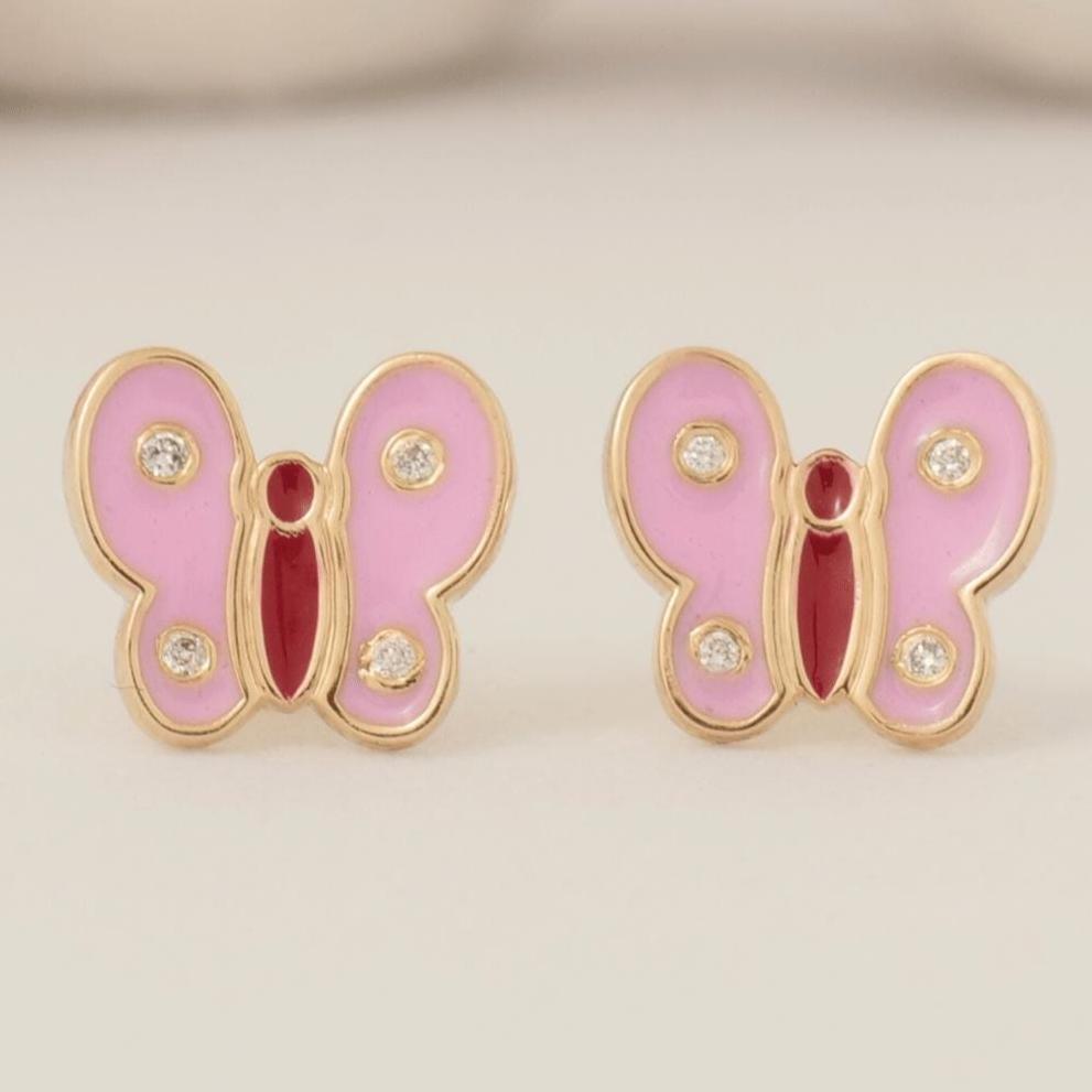 Kids Butterfly Diamond Earrings, 14k Solid Gold, Colorful Enamel Wing Studs, Natural Diamonds, Gift for girls, Ready To Ship, HRD Certified