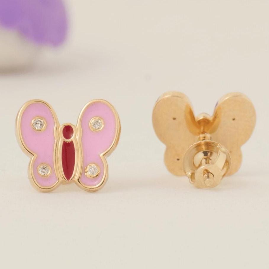 Kids Butterfly Diamond Earrings, 14k Solid Gold, Colorful Enamel Wing Studs, Natural Diamonds, Gift for girls, Ready To Ship, HRD Certified