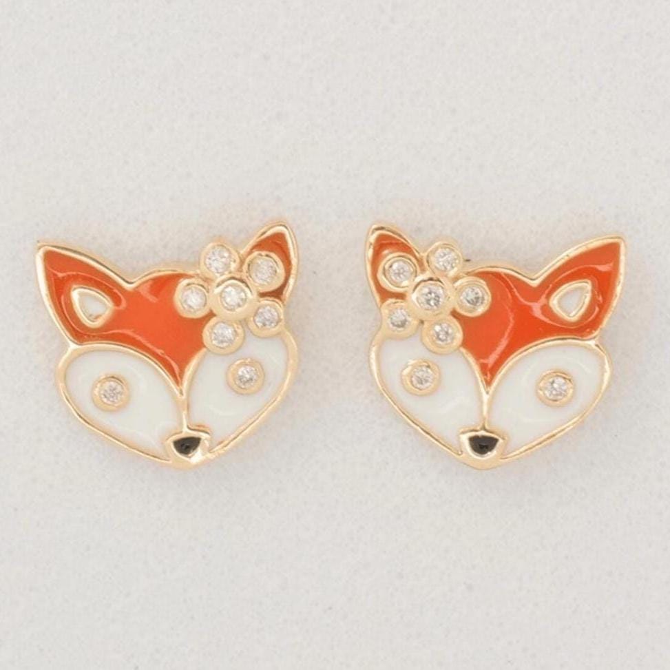 Fox  Diamond Kids Studs Earrings, 14k Solid Gold, Natural Diamonds, Enamel Animal Jewelry,  Everyday jewelry, Ready To Ship, HRD Certified