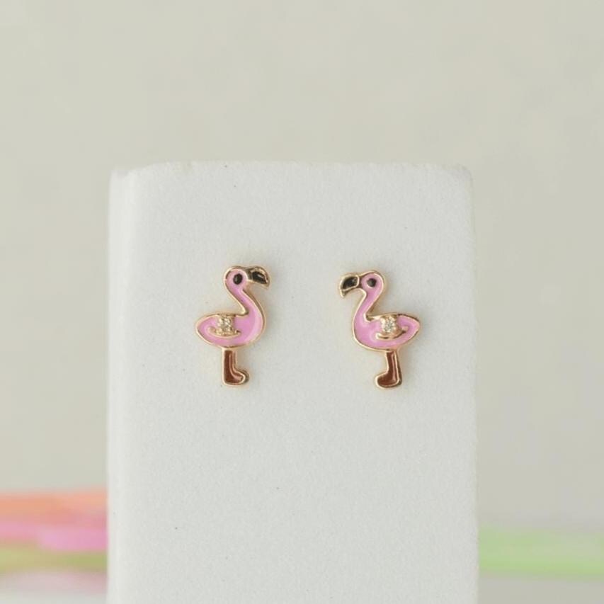 Flamingo Diamond Kids Stud Earrings, Enamel Studs, 14k Solid Gold, Natural Diamond, Everyday jewelry, Gift for toddlers/girls, Ready To Ship