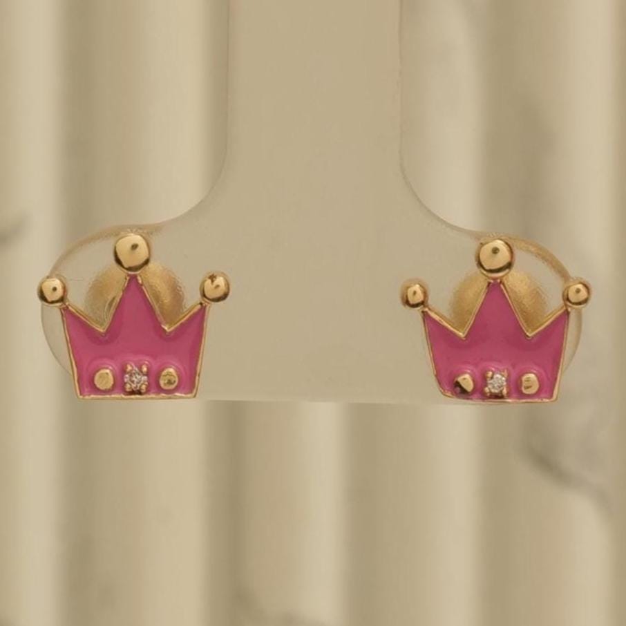 Diamond Crown Kids Earrings, Pink Enamel Studs, 14k Solid Gold, Natural Diamonds, Everyday jewelry, Gift for toddlers/girls, Ready To Ship