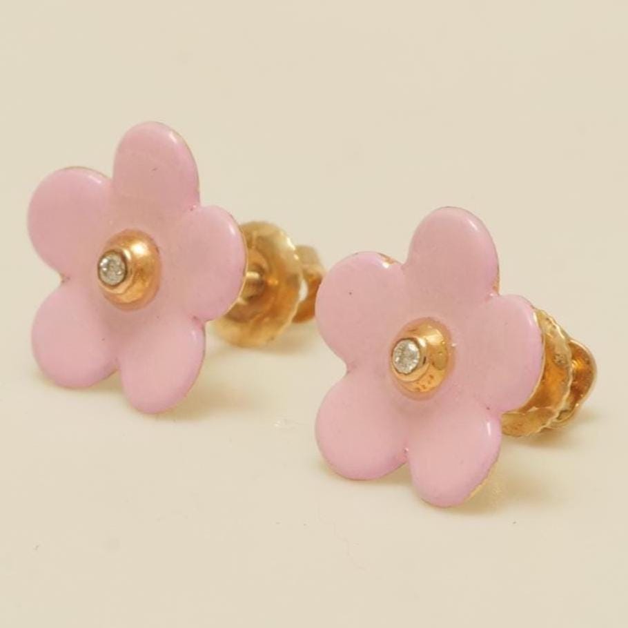 Diamond Flower Kids Earrings, Pink Enamel Floral Studs, 14k Solid Gold, Natural Diamonds, Gift for toddlers/girls/kids, Ready To Ship