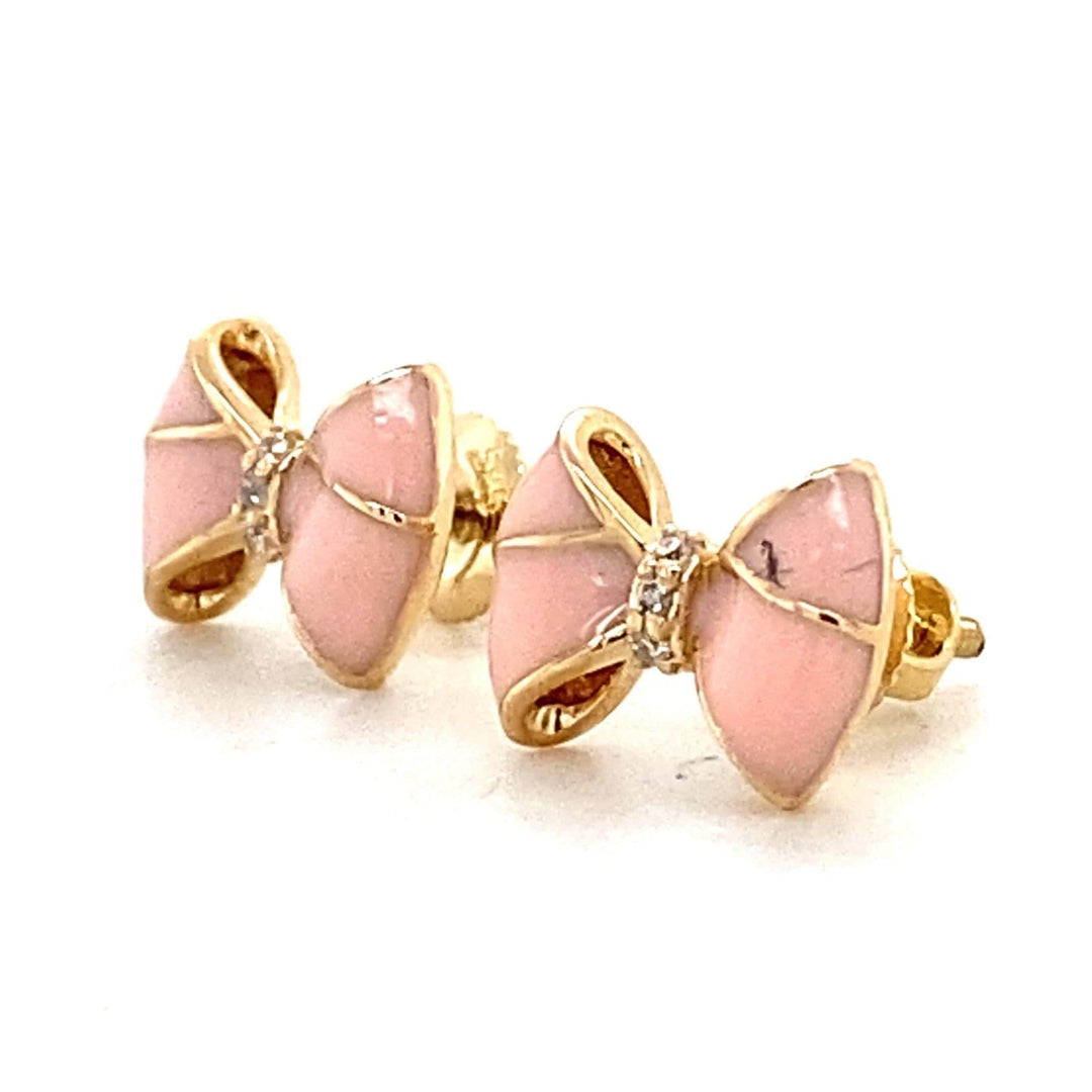 Kids Bow Diamond Stud Earrings, 14k Solid Gold With Enameling, Natural Diamonds, Kids Jewelry, Gift for toddlers/girls/kids, Ready To Ship