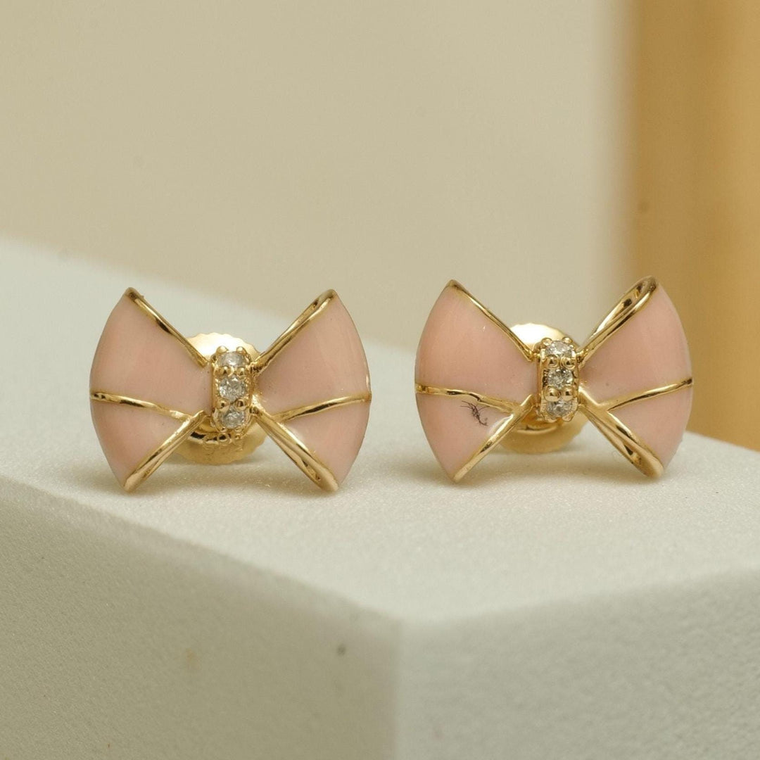 Kids Bow Diamond Stud Earrings, 14k Solid Gold With Enameling, Natural Diamonds, Kids Jewelry, Gift for toddlers/girls/kids, Ready To Ship