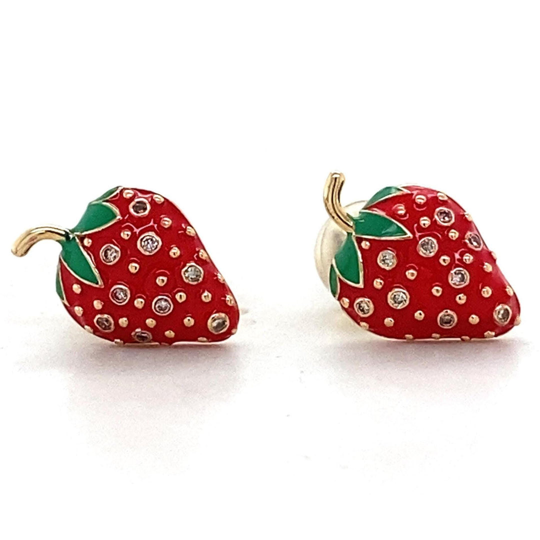 Kids Strawberry Diamond Stud Earrings, 14k Solid Gold, Natural Diamonds, Enamel Fruit Jewelry, Gift for girls, Ready To Ship, HRD Certified