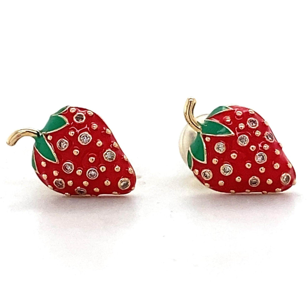 Kids Strawberry Diamond Stud Earrings, 14k Solid Gold, Natural Diamonds, Enamel Fruit Jewelry, Gift for girls, Ready To Ship, HRD Certified