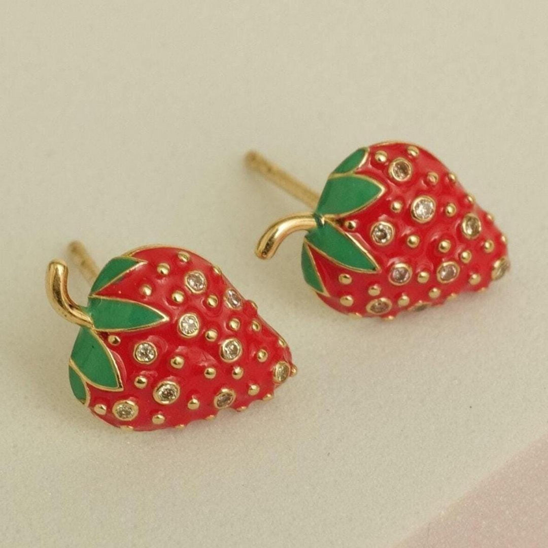 Kids Strawberry Diamond Stud Earrings, 14k Solid Gold, Natural Diamonds, Enamel Fruit Jewelry, Gift for girls, Ready To Ship, HRD Certified