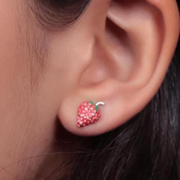Kids Strawberry Diamond Stud Earrings, 14k Solid Gold, Natural Diamonds, Enamel Fruit Jewelry, Gift for girls, Ready To Ship, HRD Certified
