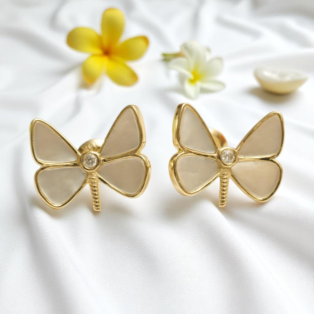 Kids Mother Of Pearl Butterfly Diamond Stud Earrings, 14k Solid Gold, Natural Diamonds, Kids Jewelry, Gift for toddlers/girls, Ready To Ship