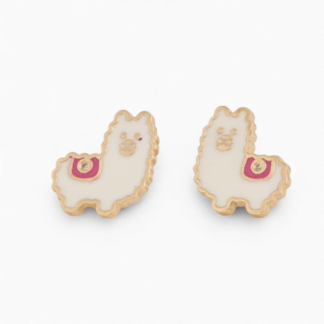 Kids Llama Diamond Earrings, 14k Solid Gold, Natural Diamonds, Enamel Animal Studs, Gift for toddlers/girls/kids, Ready To Ship