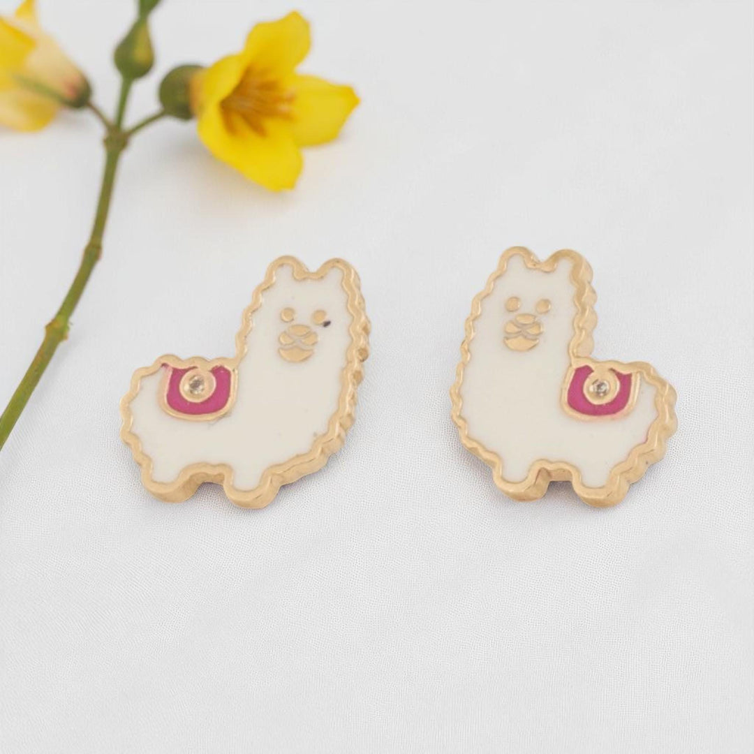 Kids Llama Diamond Earrings, 14k Solid Gold, Natural Diamonds, Enamel Animal Studs, Gift for toddlers/girls/kids, Ready To Ship